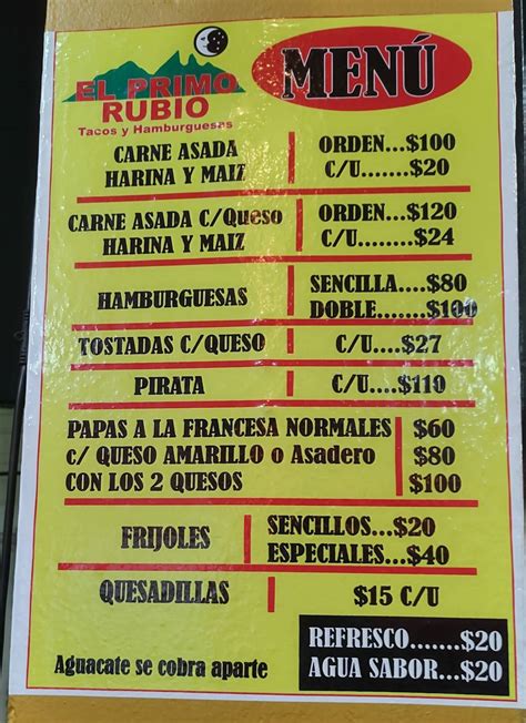 Carta Del Restaurante Tacos El Primo Rubio 2 Guadalupe