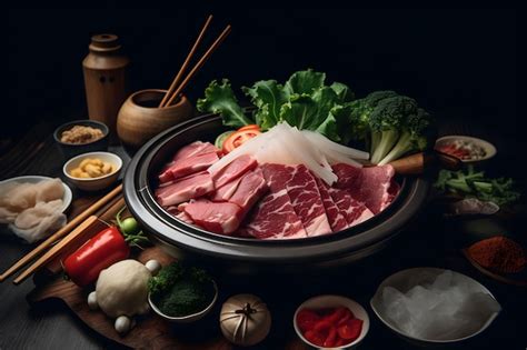 Premium AI Image Raw Fresh Meat And Fresh Vegetables For Hot Pot Shabu On A Wooden Table