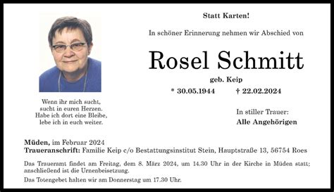 Traueranzeigen Von Rosel Schmitt Rz Trauer De