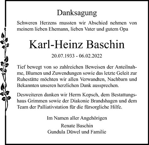 Traueranzeigen Von Karl Heinz Baschin Trauer Anzeigen De