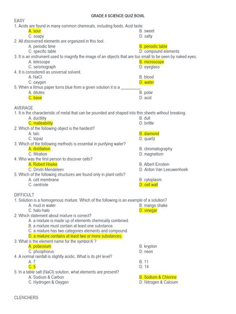 Grade 8 Science Quiz Bowl Pdf