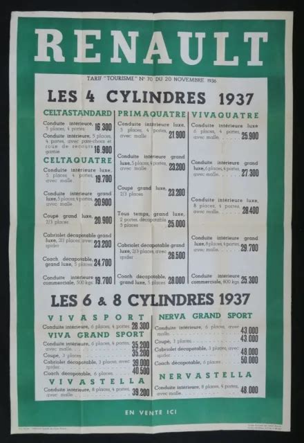 Ancienne Affiche Concession Renault Cylindres X Old