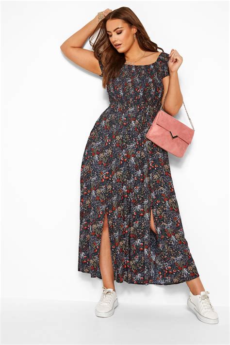 Navy Floral Shirred Maxi Dress Sizes 16 40 Yours Clothing