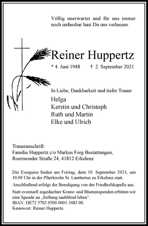 Alle Traueranzeigen F R Reiner Huppertz Trauer Rp Online De