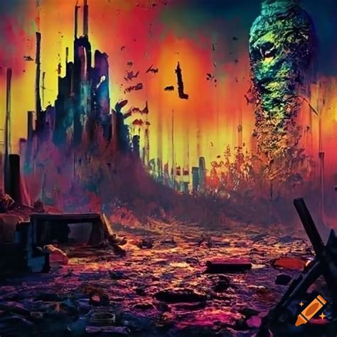 Abstract Depiction Of A War Torn Battlefield With Psychedelic Colors On