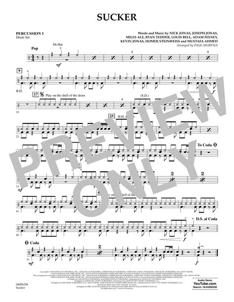 Sucker Arr Paul Murtha Percussion 1 By Jonas Brothers Sheet Music For Concert Band At Sheet