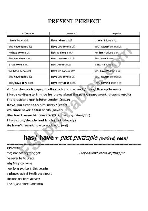 Present Perfect Esl Worksheet By Darchy