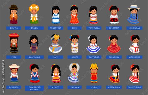 Big set of Latin American women wearing national ethnic dress. Female ...