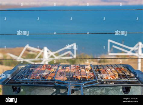 View Of Barbeque And Dead Sea At Kalia Beach Israel Middle East Stock