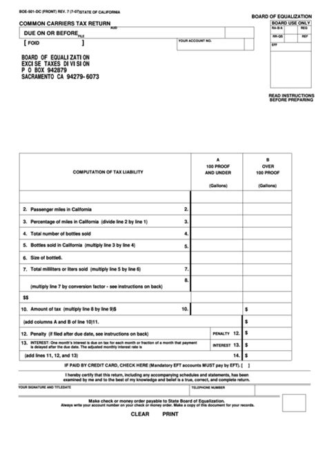 Fillable Form Boe 501 Dc Common Carriers Tax Return Printable Pdf