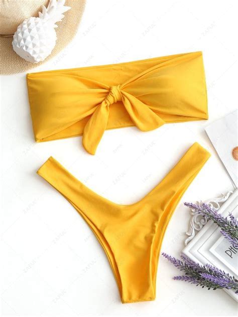 [31 Off] 2021 Bowtie High Cut Bandeau Bikini In Yellow Zaful