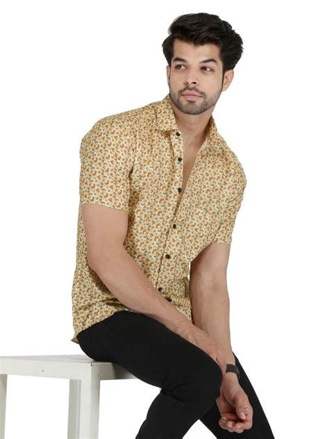 Men Beige Printed Poly Cotton Shirt Half Sleeves Casual Wear At Rs