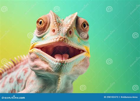 Studio Portrait Of Shocked Chameleon With Surprised Eyes Concept Of