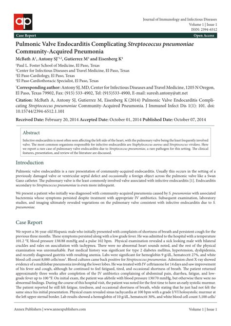 Pdf Pulmonic Valve Endocarditis Complicating Streptococcus Pneumoniae Community Acquired Pneumonia