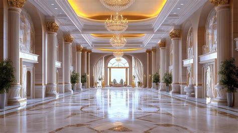 Elegant Grand Hall With Marble Floors And Gold Accents Premium Ai