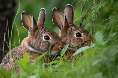 Premium AI Image Closeup Of Two Rabbits Snuggling Surrounded By Lush