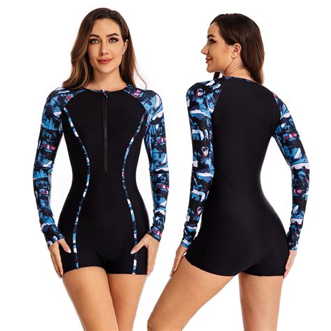 Women S Long Sleeve Piece Zip Front Rashguard Swimsuit Sun Protection