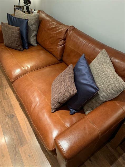 Reduced Large Tan Leather Sofa 4 Seater In Pengam Green