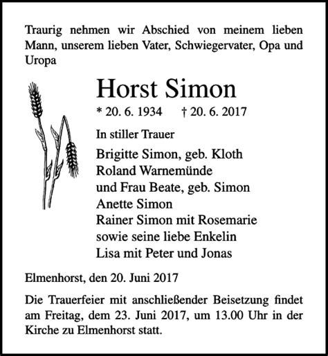 Traueranzeigen Von Horst Simon Trauer Anzeigen De