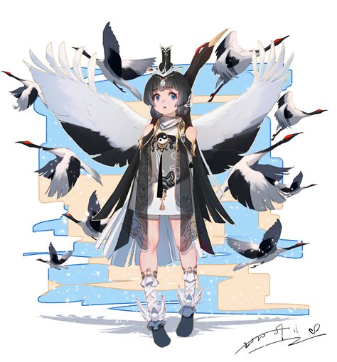 Safebooru 1girl O Absurdres Ankle Ribbon Arms Behind Back Bare Shoulders Bird Bird Wings