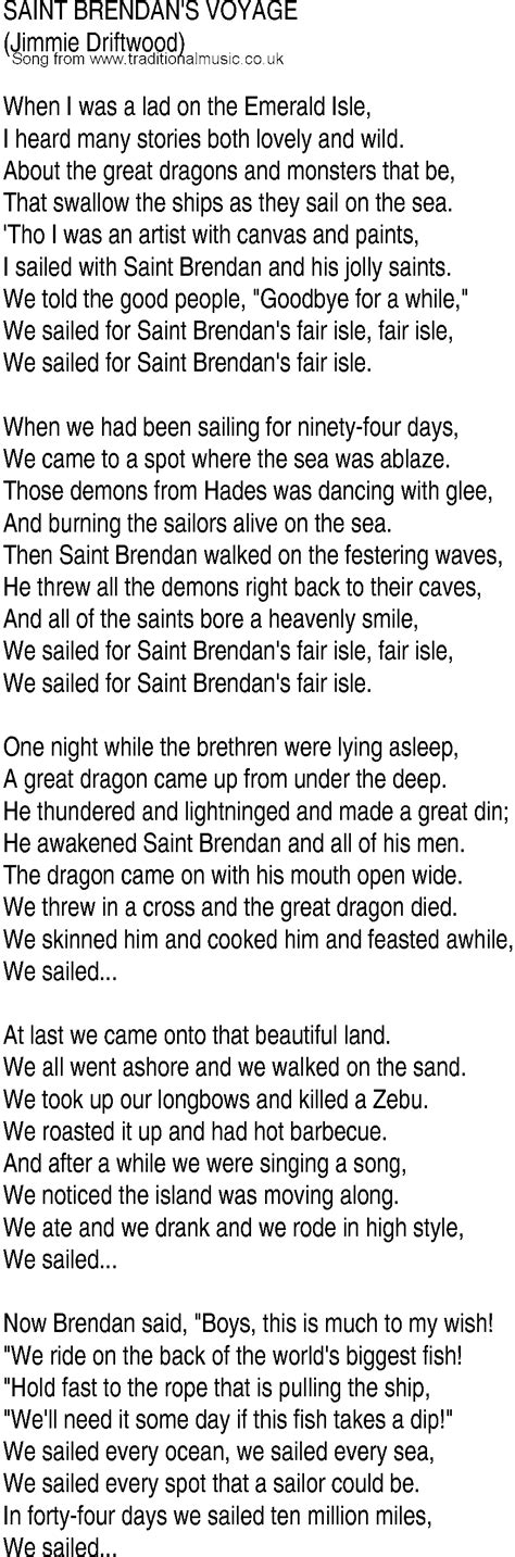 Irish Music Song And Ballad Lyrics For Saint Brendans Voyage