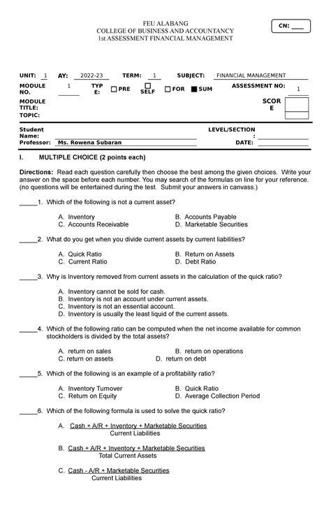 Financial Management 1st Assessment FEU - FEU ALABANG COLLEGE OF ...