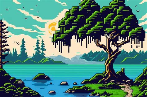 Una Escena De Estilo Pixel Art De Un Rbol Junto A Un Lago Foto Premium