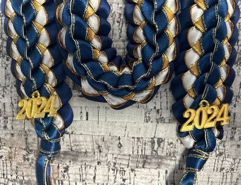 Graduation Stole Open Ended Double Braided Ribbon Lei Navy White Gold