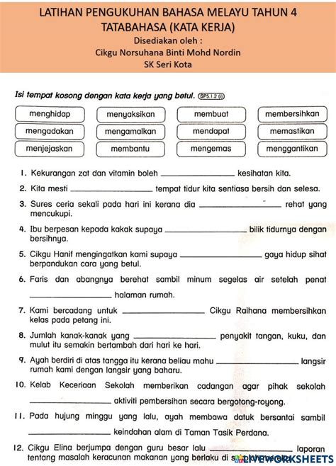 Latihan Pengukuhan Bm Tahun 4 Kata Kerja Worksheet