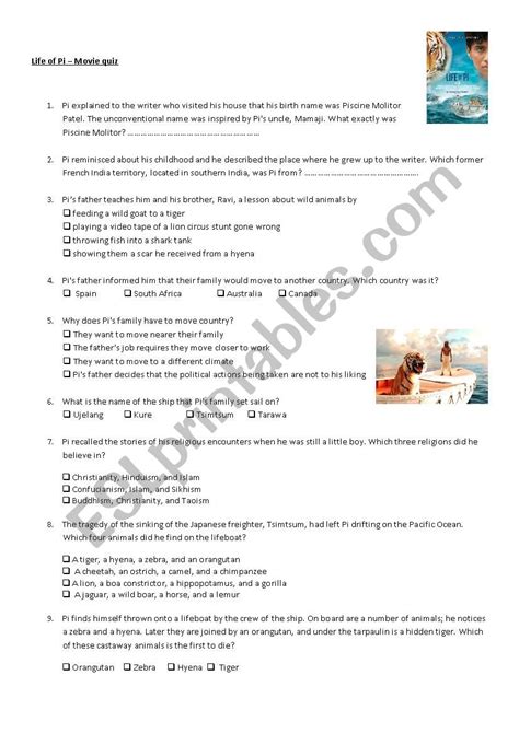 Life Of Pi Quiz ESL Worksheet By Vinou76