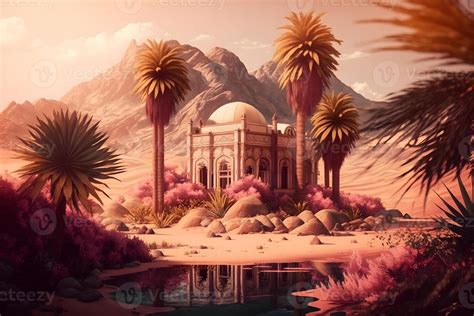 Desert Oasis With Mosque And Palm Trees Wallpaper Stock