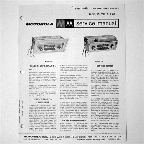 Motorola Model Dodge Plymouth Auto Radio Service Manual