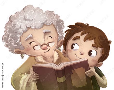 Ni O Leyendo Un Libro Con Abuela Stock Illustration Adobe Stock