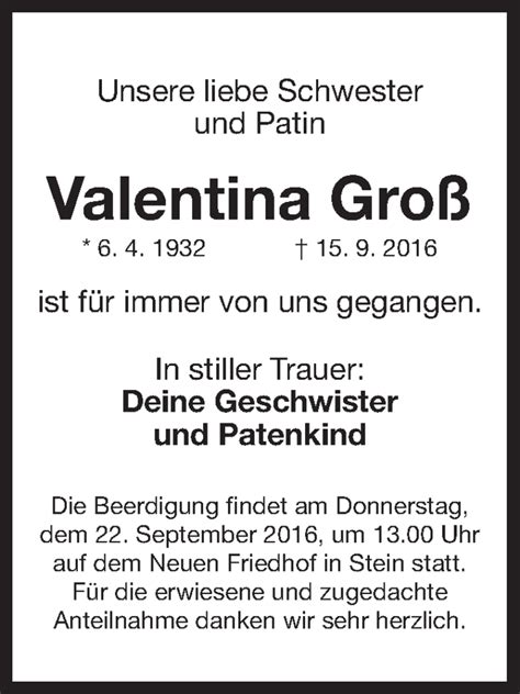 Traueranzeigen Von Valentina Gro Trauer Nn De