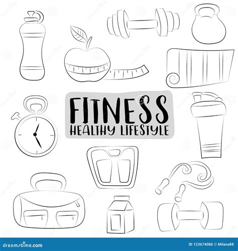 Fitness And Healthy Lifestyle Icons Set Black And White Outline