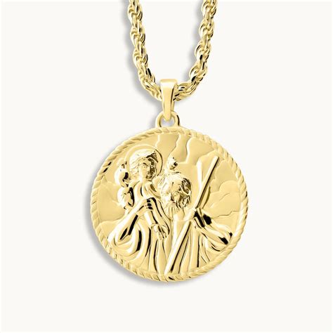 Gold Plated Sterling Silver 24mm Round St Christopher Necklace With Rope Chain