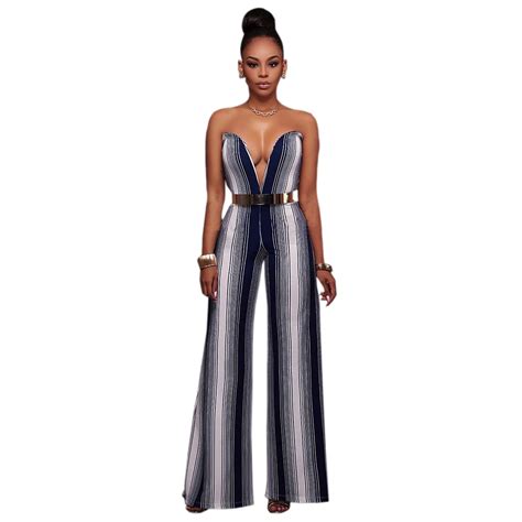 Women Deep V Striped Backless Strapless Boot Cut Fitness Wide Leg Sexy Jumpsuits Hollow Out