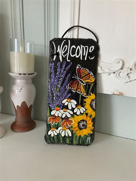 Painted Slate Welcome Sign Garden Slate Sign Floral Welcome Etsy