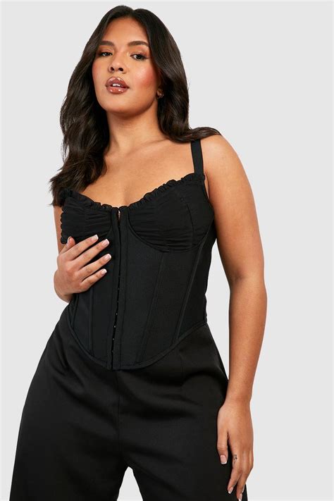 Black Plus Ruched Cup Bandage Corset Top Boohoo Uk