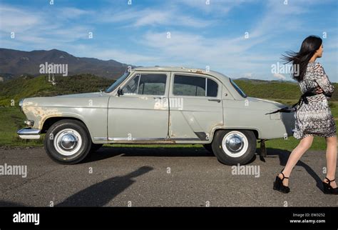 Gaz M21 Volga Car Third Series Model Next To Georgian Orthodox Jvari