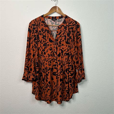 Cocomo Orange Black Animal Print V Neck Top 34 Sleeve Blouse Womens