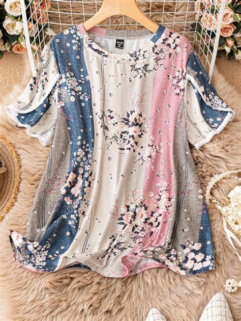 Shein Lune Plus Floral Print Colorblock Tee Shein Usa