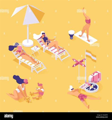 Summertime Holiday On Seashore Isometric Illustration People Enjoying