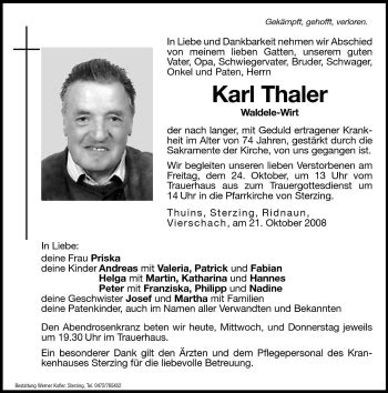 Traueranzeigen Von Karl Thaler Trauer Bz