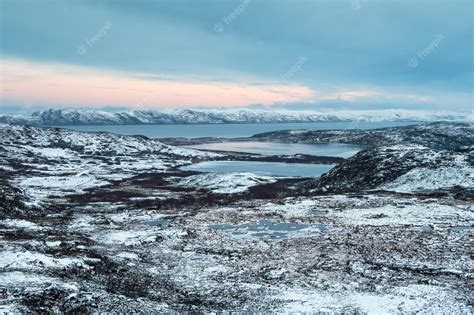 Premium Photo Harsh Arctic Landscape Frozen Tundra With Icy Lakes At