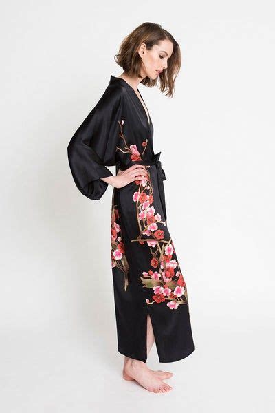 Silk Handpainted Cherry Blossom Long Kimono Robe Long Silk Kimono