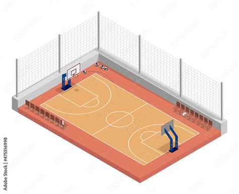 Isometric Basketball Court With Net Parquet Floor And Markings Lines