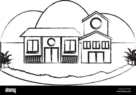 Sketch Of Traditional Houses In A Landscape Over White Background