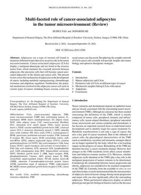 Pdf Multifaceted Role Of Cancerassociated Adipocytes In The Tumor