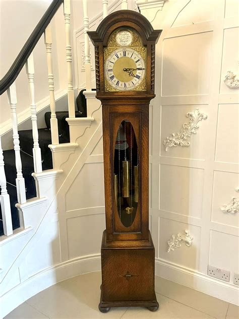 Antique Quality Oak Brass Face Chiming Grandmother Clock In Antique